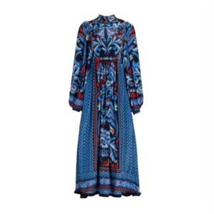 Farm Rio Toucans Scarf Maxi Dress Womens XL Blue Blak Long Bishop Sleeve Print